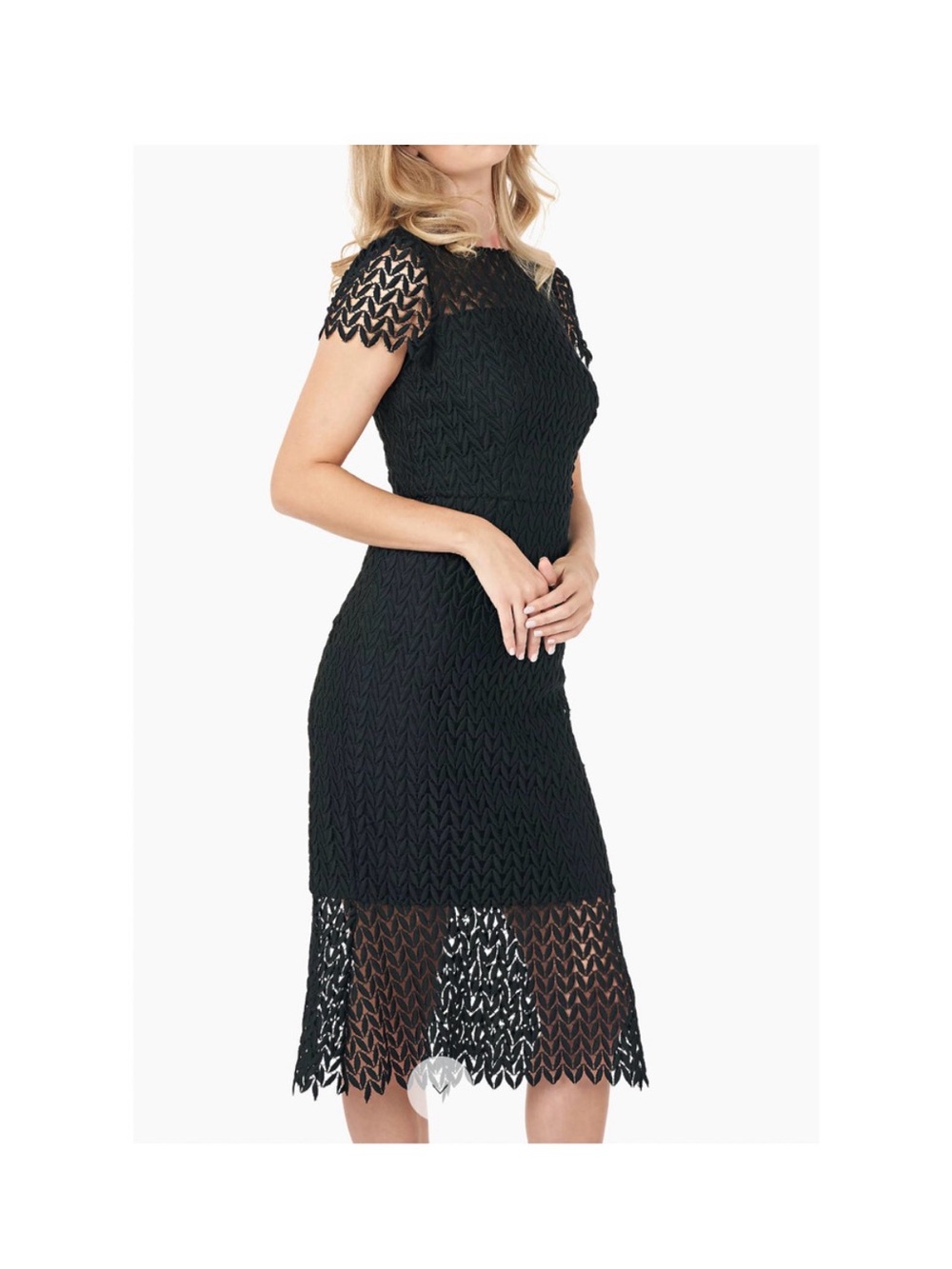 Kay Unger Black Lace Midi Dress with Scalloped Hem Size 6